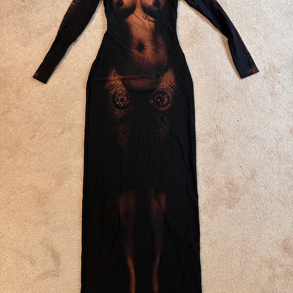 Jean Paul Gaultier Black Sheer-Print Long Sleeve Maxi Dress